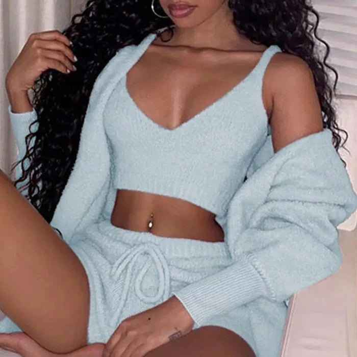 3-Piece Women’s Pajama Set – Long Sleeve Crop Top, Tank Top & Drawstring Shorts Lounge Sleepwear