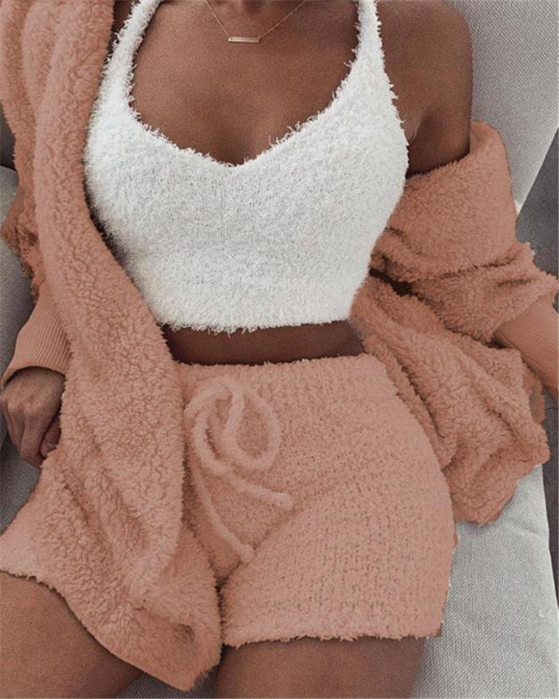 3-Piece Women’s Pajama Set – Long Sleeve Crop Top, Tank Top & Drawstring Shorts Lounge Sleepwear