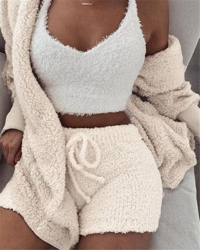 3-Piece Women’s Pajama Set – Long Sleeve Crop Top, Tank Top & Drawstring Shorts Lounge Sleepwear
