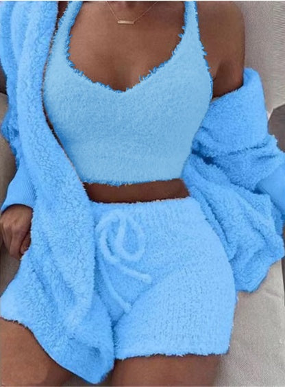 3-Piece Women’s Pajama Set – Long Sleeve Crop Top, Tank Top & Drawstring Shorts Lounge Sleepwear